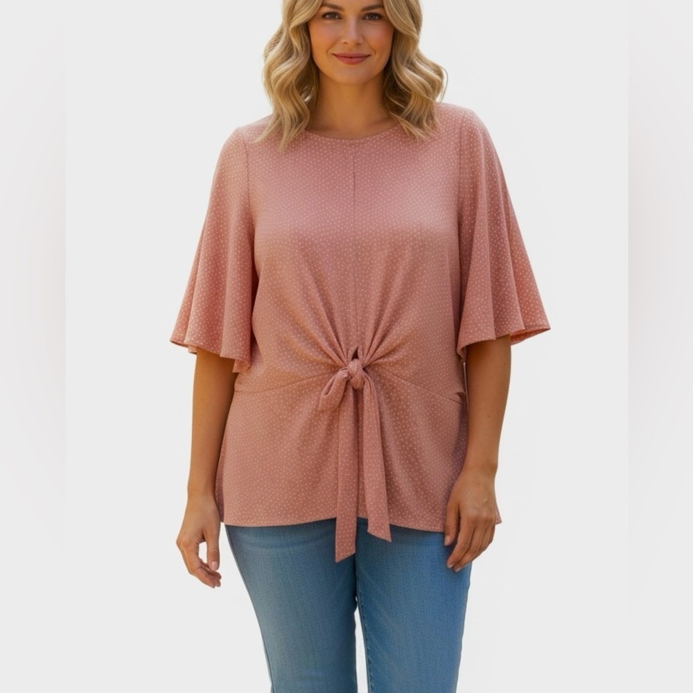 Sandy & Sid NWT peach white polka dots zipper back polyester top size 1X (3x$15)